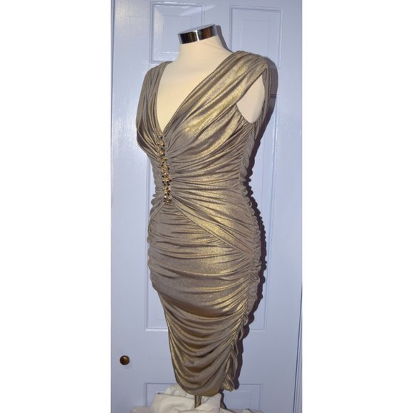 Cache Ruched Body-Con Jeweled Gold Dress XS - Picture 2 of 7